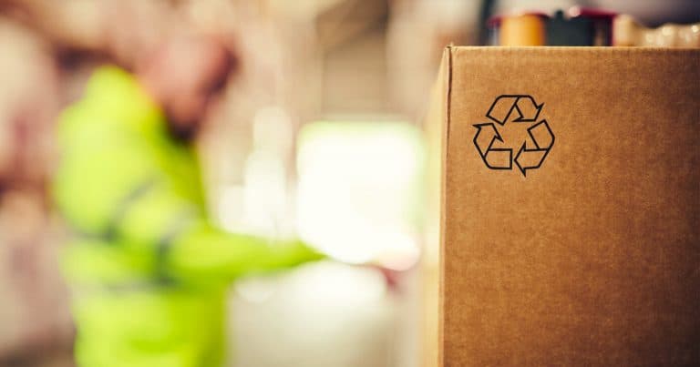 A closeup of the recyclable logo on a parcel