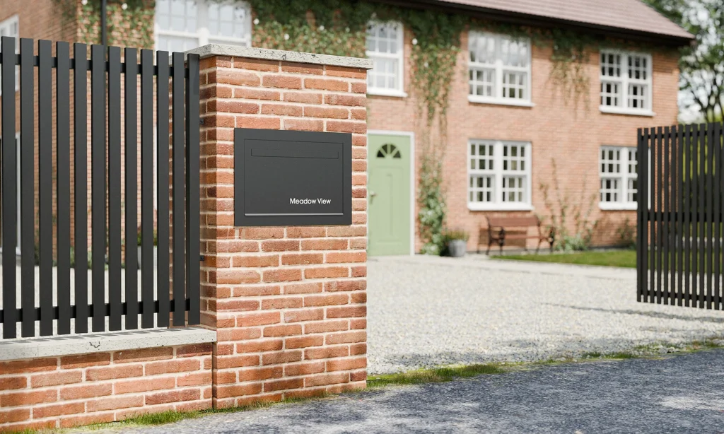 Black built-in front door parcel box recessed into a brick gate pier, secure home delivery solution for UK properties.