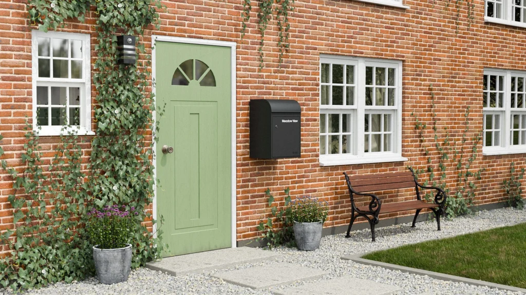 Black front door parcel box mounted on a brick house beside a green door, ideal for secure home delivery storage in the UK.