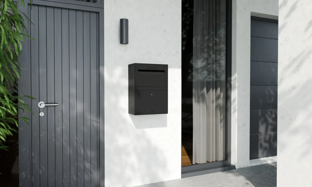 Modern black wall-mounted parcel box on a contemporary UK home exterior beside a grey front door.