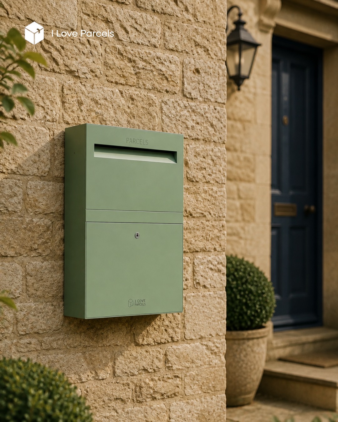 The Rome Large Wall-Mounted Parcel Box in Pale Green brings a subtle touch of colour to this Cotswolds stone entrance, sitting naturally…