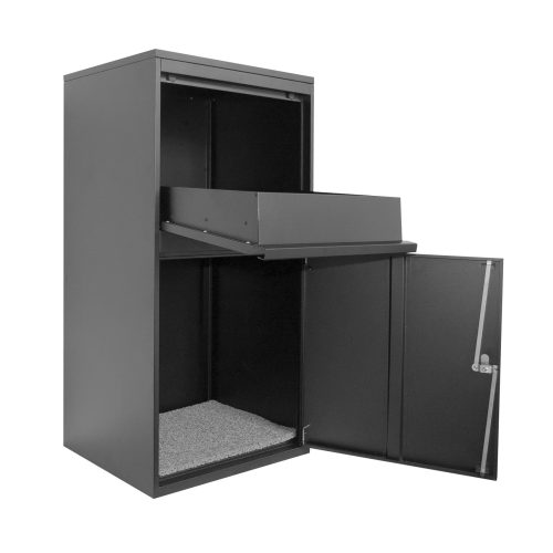 Extra large build-In or standalone parcel box front or rear access - side view black open